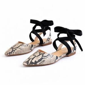 Schutz Barbrah Snakeskin Tie Ankle Ballet Flats Pointed Toe Leather 8 US / 39 EU